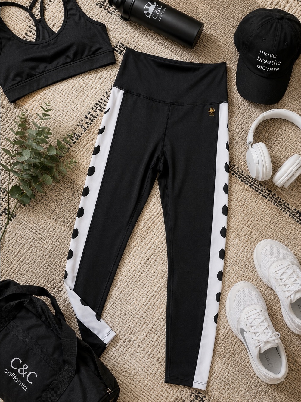 C&C California Black High Waist Side White Stripe Leggings NWT Athleisure